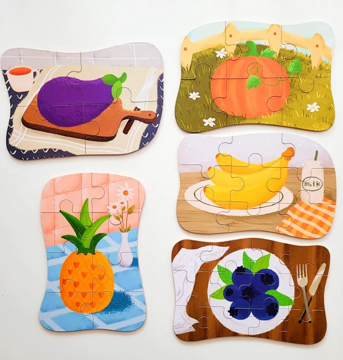 Puzzle Din Lemn In Cutie Metalica: Fructe si Legume (5-in-1)