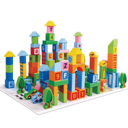 Set Cuburi Din Lemn Smart Town Blocks (100 piese)