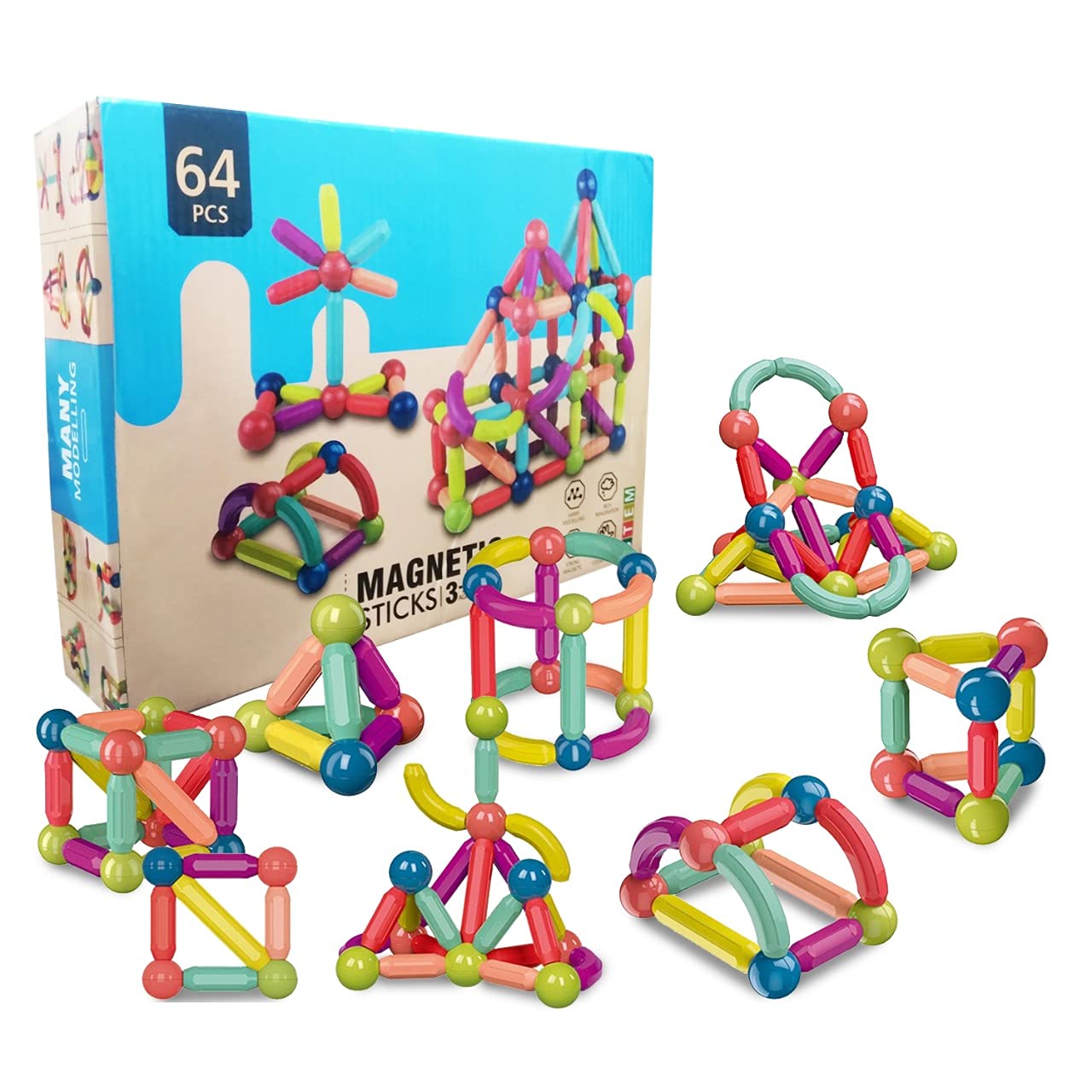 MAGNETIC STICKS: Joc STEM de Construit Magnetic (64 piese)