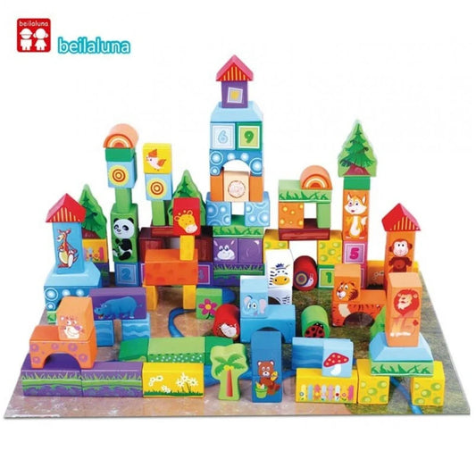 Set Cuburi Din Lemn Cute Animals Blocks (100 piese)